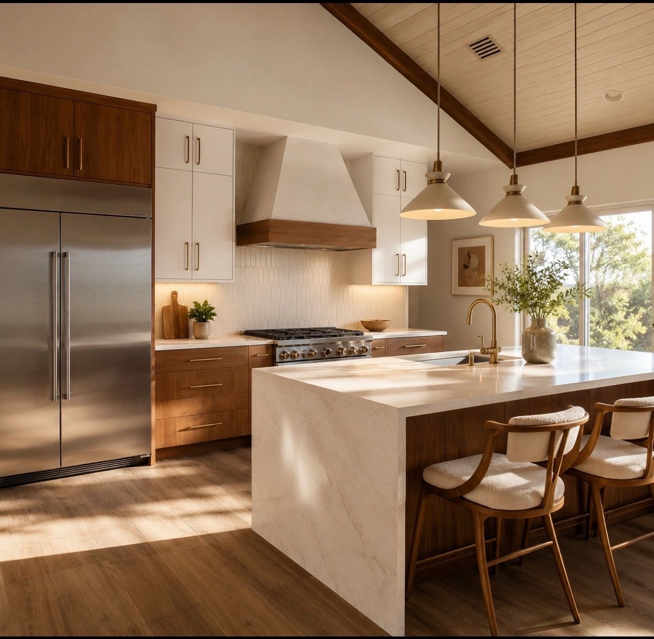 Modern kitchen renovation with marble island and wood accents